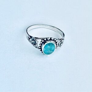 Sterling Silver Oval Genuine Turquoise Ring with Flowers, Dainty Stone Jewelry